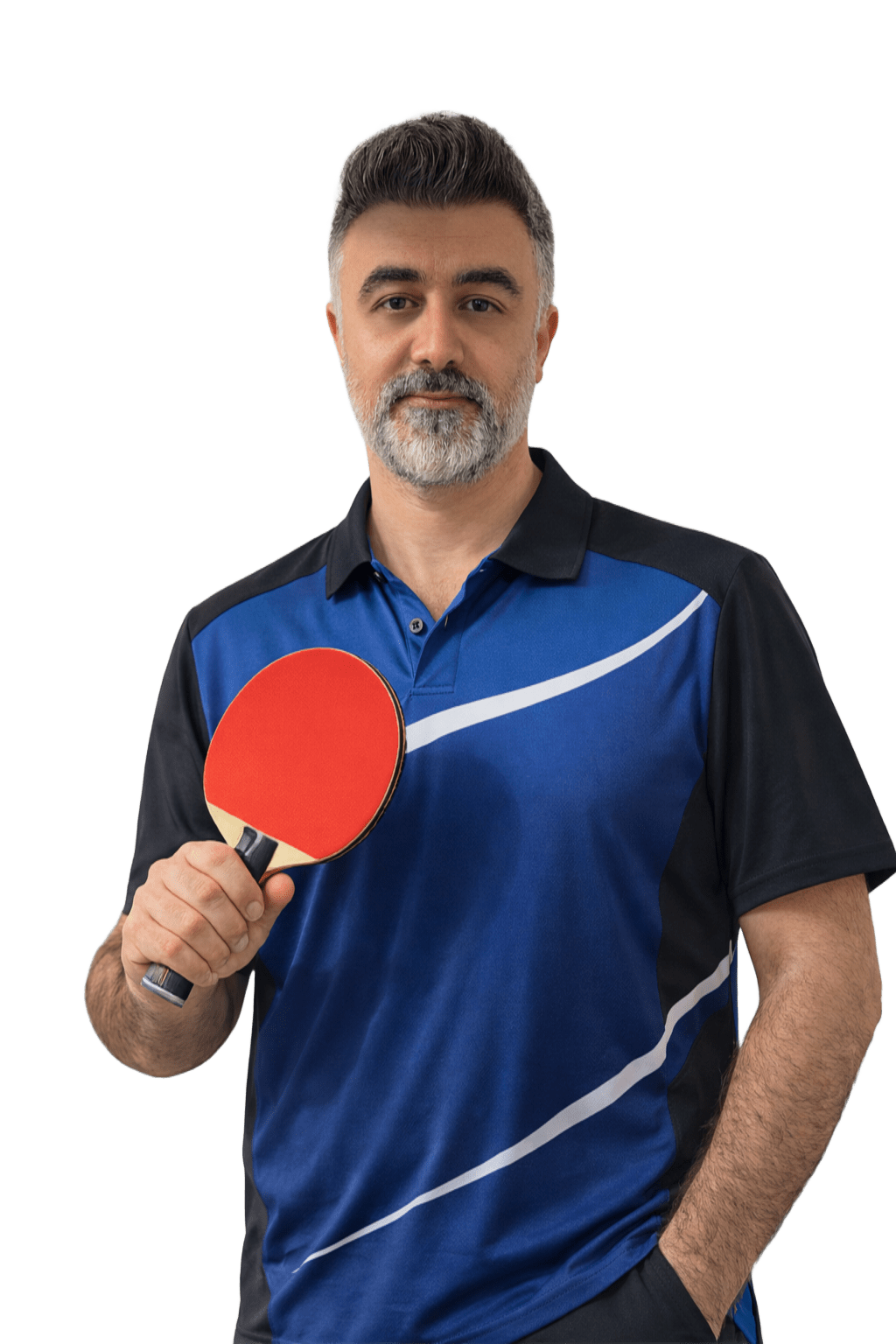 Coach Amir holding a table tennis paddle